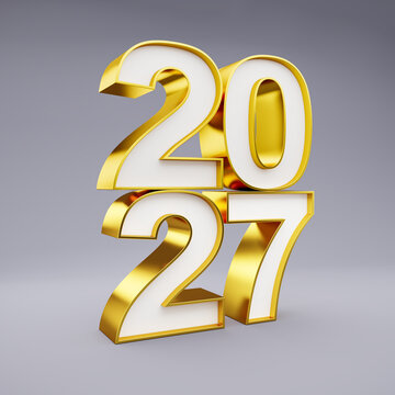 Golden digits with a white core building the year "2027" on a gray background. New Years Eve, new year concept.