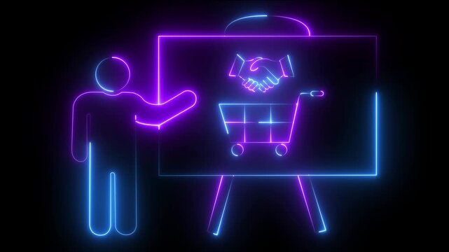 Neon business presentation with handshake and shopping cart for e-commerce and retail strategy