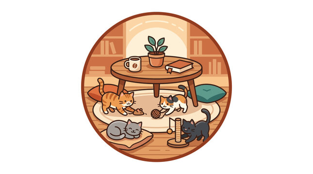Cute cartoon illustration of multiple cats playing and sleeping in a cozy living room with a table, rug, and bookshelf.
