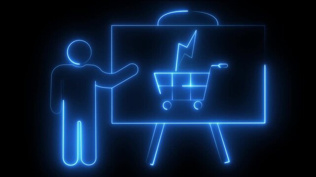 Neon presentation board with shopping cart and lightning bolt for e-commerce marketing