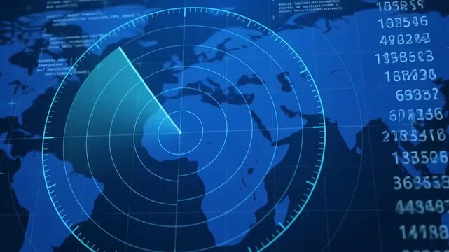 Blue digital radar interface scanning world map background with numeric data and glowing grid lines for technology and security concepts