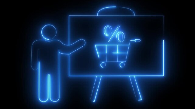 Neon glowing presentation with shopping cart and percentage symbol for e-commerce marketing