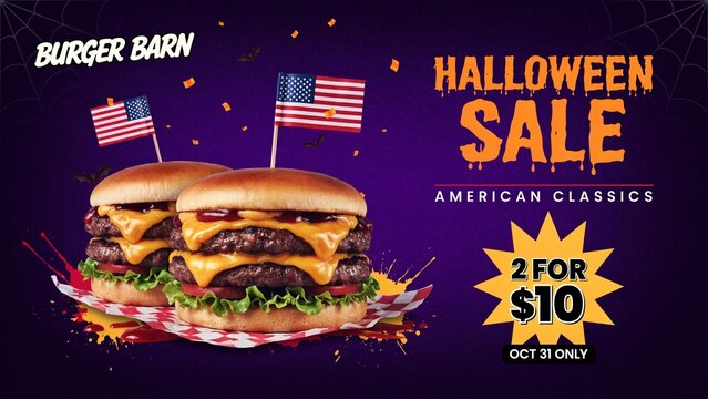 Halloween burger sale promotion with double cheeseburgers and American flags on purple