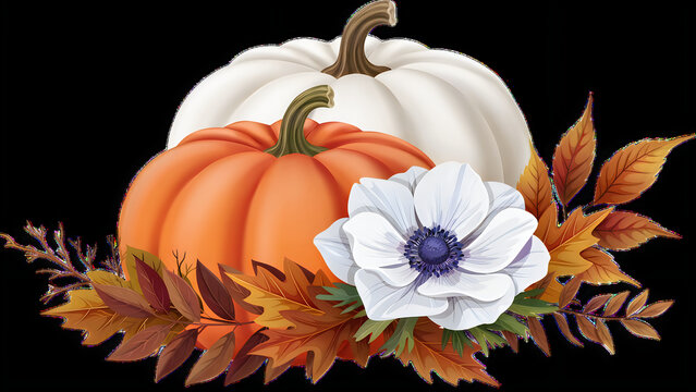 Orange and white pumpkins with autumn leaves and a white flower
