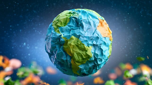 A stylized planet Earth crafted from crumpled paper  floating against a starry cosmic backdrop with colorful abstract elements