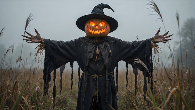 Scary pumpkin head scarecrow with glowing eyes wearing a witch hat standing in a dark foggy field for halloween night