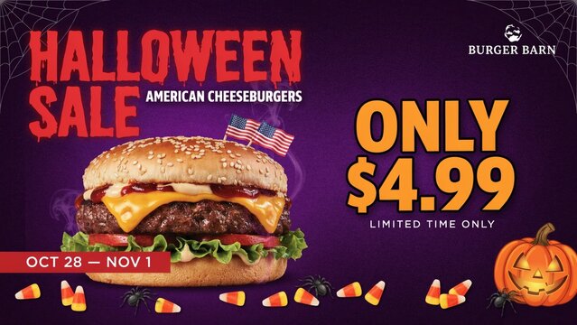 Halloween Cheeseburger Sale Promotion Banner with Pumpkin and Candy Corn Decoration