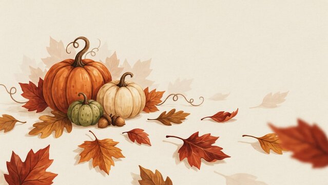 Cozy autumn still life with pumpkins and colorful fall leaves on a light background