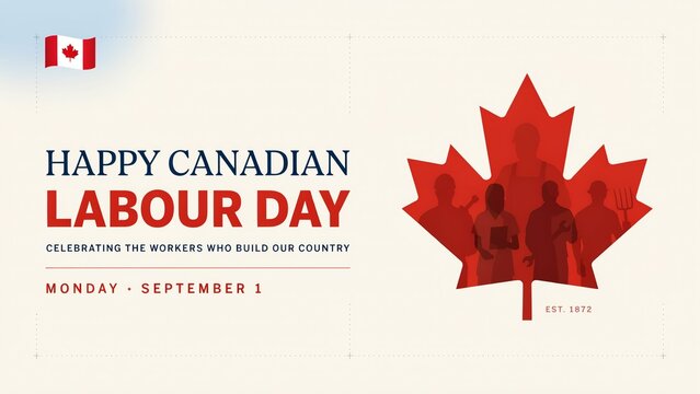 Happy Canadian Labour Day greeting card with red maple leaf and diverse worker silhouettes.