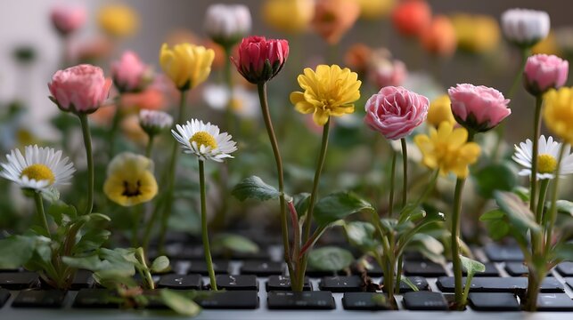 Tiny colorful flowers growing up through black keyboard keys in a whimsical close up scene