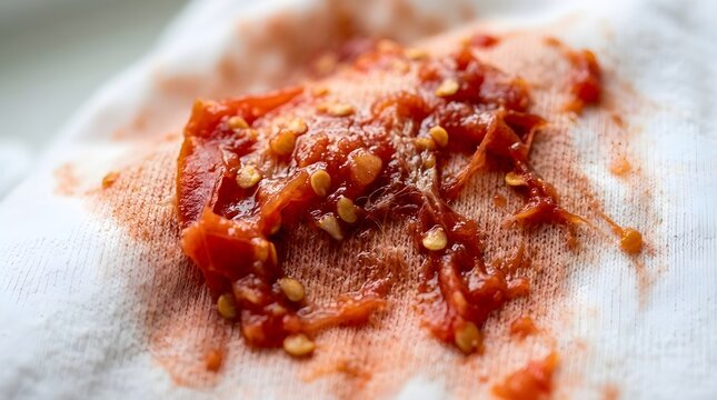 Smashed tomato stains on white t-shirt from La Tomatina food fight festival celebration