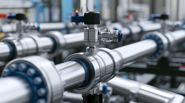 Close up of industrial piping system featuring metallic valves and flanged connections in a clean factory environment