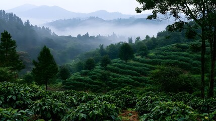 Fototapeta premium Misty mountain slopes covered in lush green coffee plants under soft diffused light with trees and fog creating a serene natural landscape