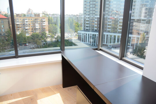 Table apartment interior panoramic windows city view