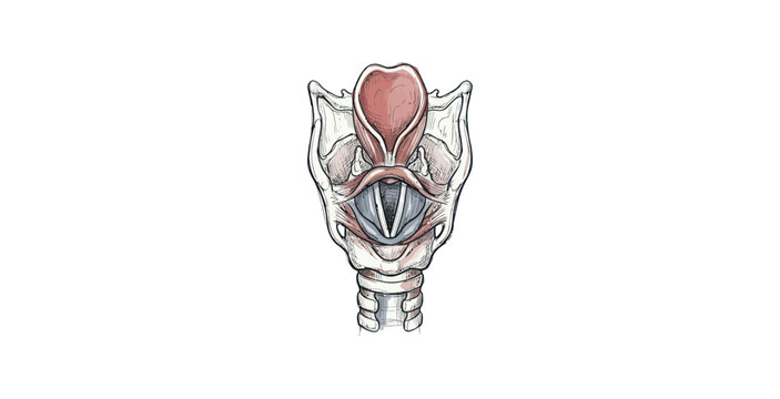Detailed anatomical illustration of the human larynx and vocal cords.