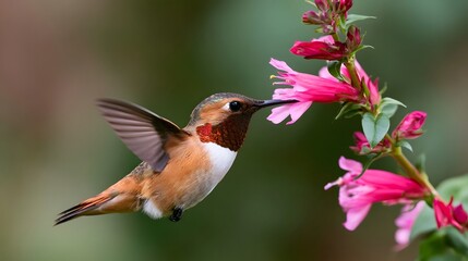 Fototapeta premium A hummingbird hovers near a cluster of bright pink flowers to sip nectar from one bloom while wings blur slightly
