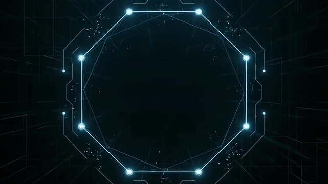 Abstract digital geometric octagon frame with futuristic neon glowing circuit pattern on dark background, technology concept