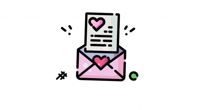 Animated pink envelope opens to reveal a love note inside. Heart shapes decorate the envelope and paper. Exclamation marks suggest excitement or joy. Illustration style is simple and modern
