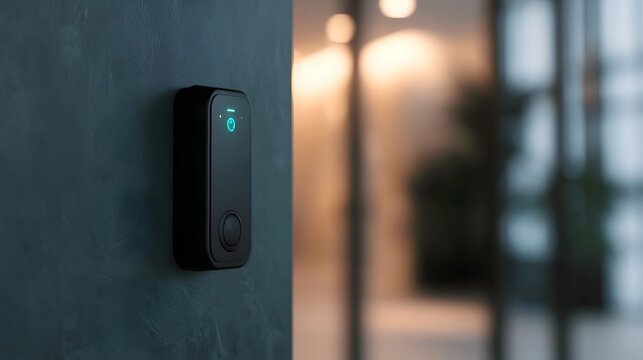 Modern black smart lock mounted on textured wall with glowing blue indicator lights and circular button