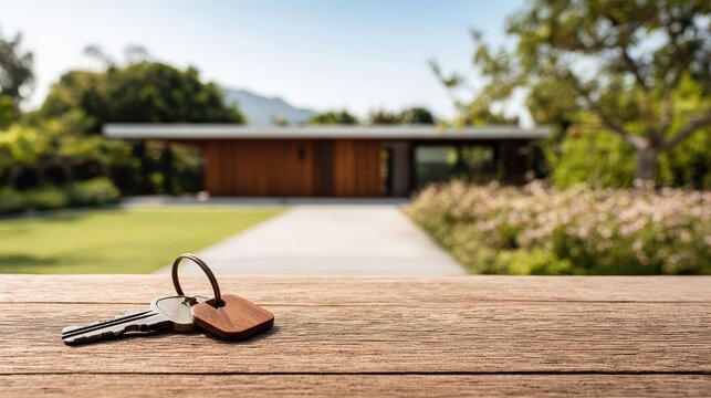 A house key rests on a wooden table before a modern home bathed in soft sunlight. This ultra-realistic photo symbolizes new beginnings and property ownership.