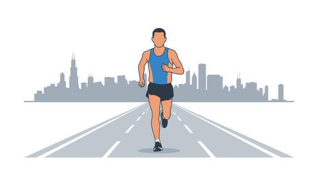 Man running on road with city skyline background