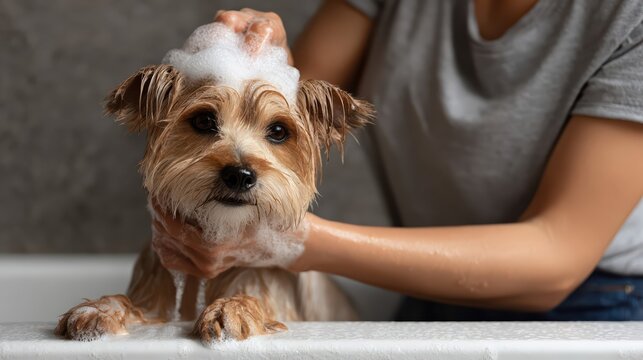 A tiny puppy is tenderly washed with foaming soap bubbles. The cozy bathroom scene highlights gentle pet care and the joy of grooming a furry companion.