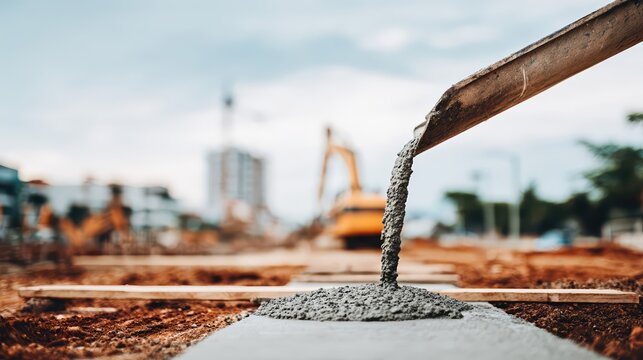 Ultra realistic photo of liquid concrete pouring from a chute into a wooden foundation frame. Heavy equipment and muddy construction site deepen the infrastructure mood.