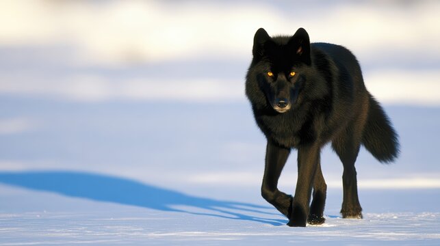 A lone dire wolf strides across a snowy tundra at twilight. Thick fur and glowing amber eyes are illuminated by cold moonlight in a dramatic wilderness scene.
