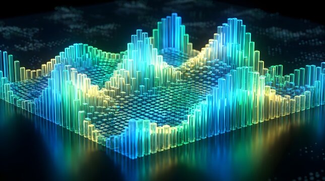 Three dimensional digital bar chart visualization with glowing crystal pillars representing complex data analysis and financial performance metrics.