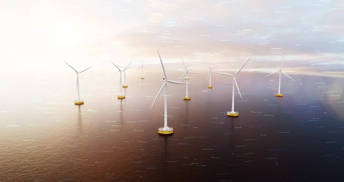 Sustainable power generation using offshore wind turbines with motion graphic data overlay. Sustainable energy related 3d animation.