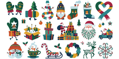 Fototapeta premium Set of cute hand drawn christmas elements including santa claus gifts reindeer snowman festive decorations and holiday winter season icons collection