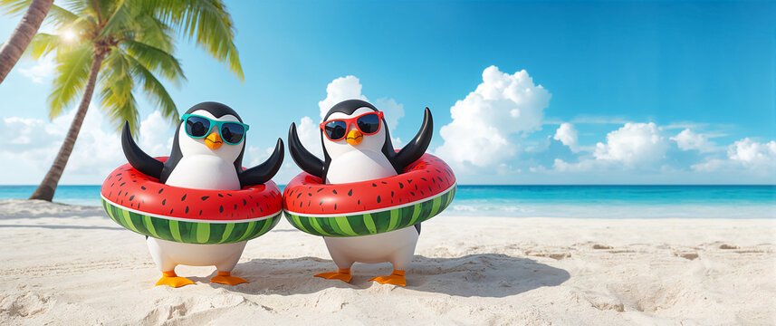 Cute cartoon penguin with an inflatable ring on the beach in summer