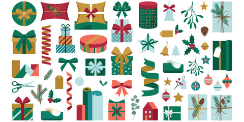 Fototapeta premium Set of various christmas gift boxes decorated with ribbons bows and festive winter plants isolated on a plain white background