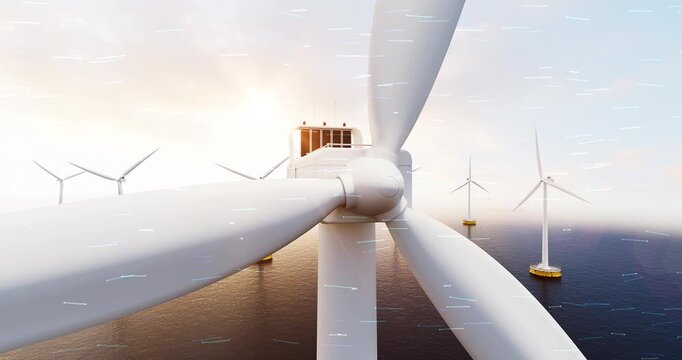 Offshore wind turbine array producing zero-emission electricity at sunrise animation. Sustainable energy related 3d animation.