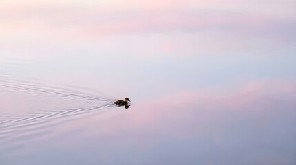Fototapeta premium Lone Duckling Swimming on Calm Lake at Dusk
