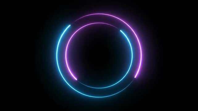Abstract neon glowing double circle frame on black background with copy space