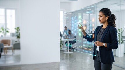 Fototapeta premium Professional data scientist interacting with holographic AI interface in modern white office with copy space