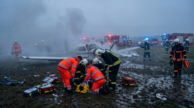 Emergency responders treating casualty at smoky aircraft crash site with firefighters, wreckage and fire trucks in disaster rescue scene.
