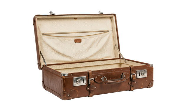 Vintage brown leather suitcase open isolated on transparent background