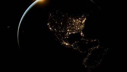 Earth at night illuminated by city lights across north and central