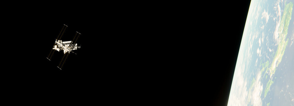 An orbital station orbiting earth with solar panels deployed