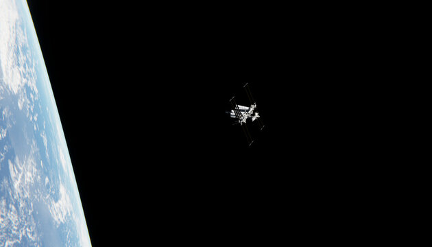 A manned orbital laboratory orbits earth in low earth orbit