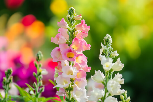 Closeup of delicate pink and white snapdragon flowers in a garden.