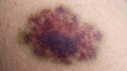 Fototapeta premium Fotografía médica macro de alta resolución, primer plano íntimo centrado puramente en un hematoma y contusión subcutánea significativa sobre piel humana