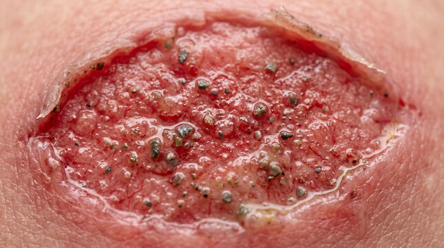 Fotograf&iacute;a m&eacute;dica macro de alta resoluci&oacute;n, primer plano detallado de una abrasi&oacute;n grave por grava fresca sobre piel humana