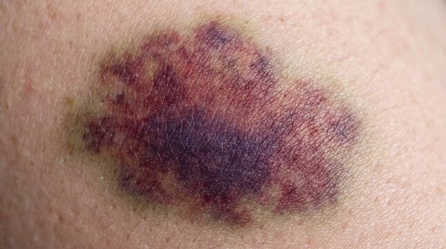 Fotograf&iacute;a m&eacute;dica macro de alta resoluci&oacute;n, primer plano &iacute;ntimo centrado puramente en un hematoma y contusi&oacute;n subcut&aacute;nea significativa sobre piel humana