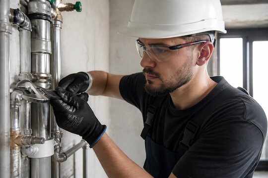 A construction worker wearing a hard hat and safety glasses is working on plumbing pipes in an industrial or construction setting.