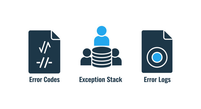 Error codes exception stack error logs vector icons set illustrating technical software issues and system diagnostics with exception diagnostics software database troubleshooting monitoring