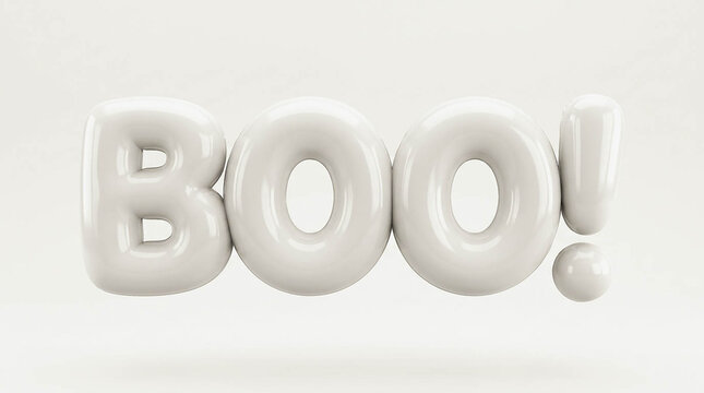 White 3D balloon letters spelling BOO with exclamation mark, glossy inflatable Halloween text isolated on white background, festive party decoration typography for holiday design concept