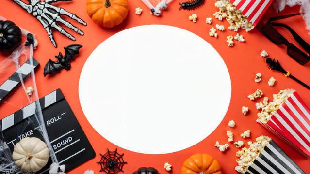 Halloween movie night flat lay with popcorn clapperboard skeleton hand and pumpkins on orange background